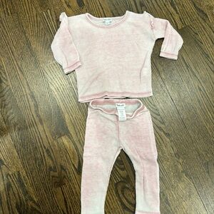 Baby girl pink thermal two piece set long sleeve with ruffles